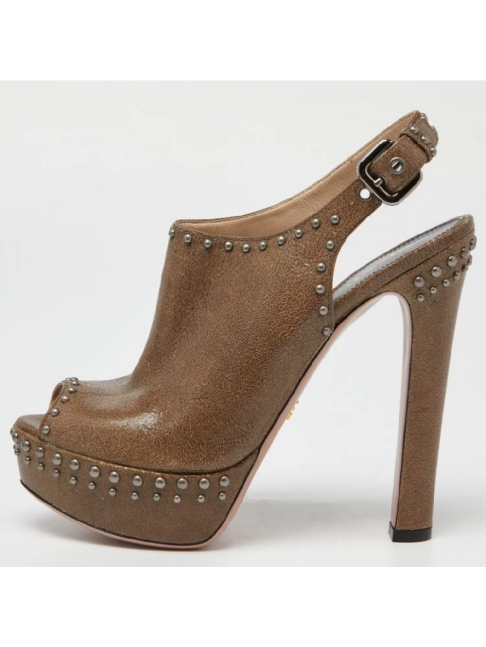 Prada Roxy Peeptoe Studded Crackle Leather Stiletto Heel Rocker Chic Taupe 10.5